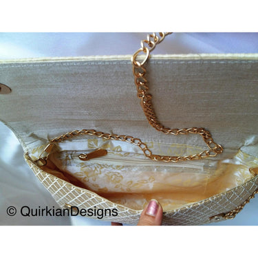 Beige, White And Copper Fabric Clutch Purse With Gold And Diamante Beads, Wedding Clutch, Party Bag